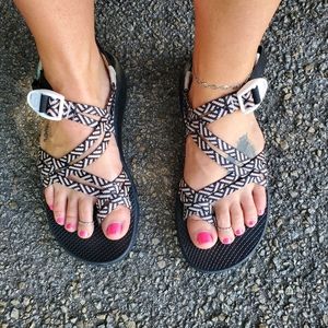 Black and white chaco sandals